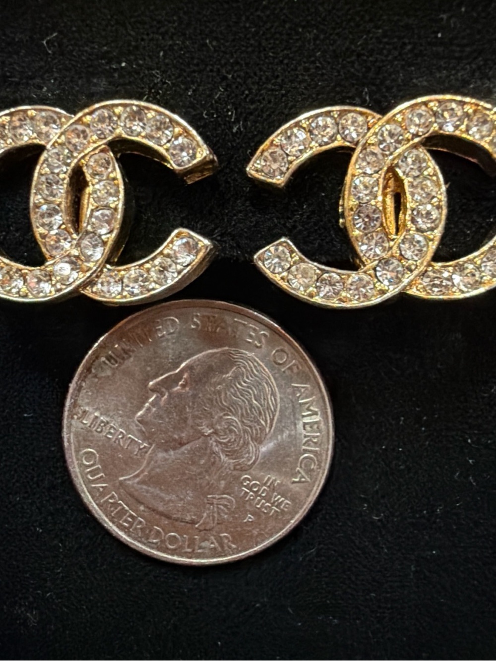 CHANEL CC Logos Rhinestone Clip-On Earrings Gold Tone 2084 Auth w/Box c1108